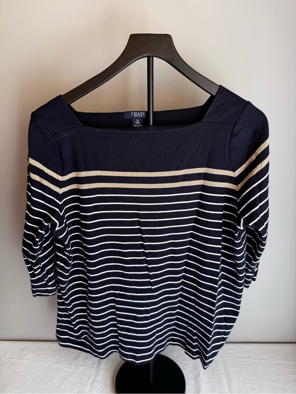 Chaps Navy/White/Gold Striped Crewneck Knit Light Weight Sweater 1X